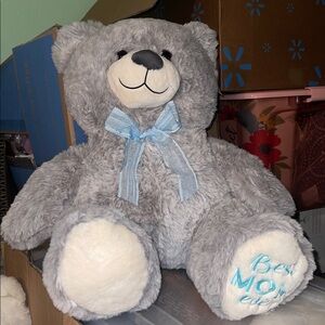 Gray Teddy Bear with Blue Bow